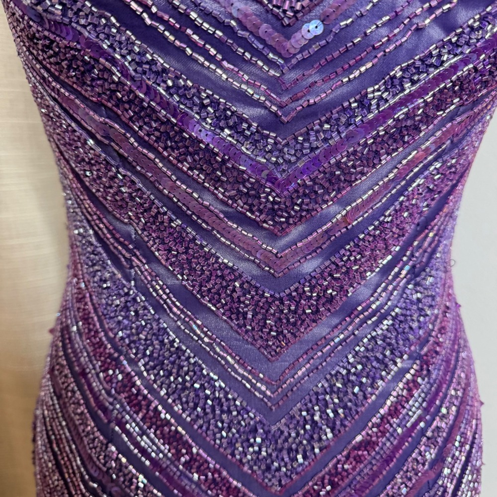 Vintage Y2K Scala Glass Beaded Silk Chevron Maxi Dress Purple Gown Womens Medium - Picture 7 of 15